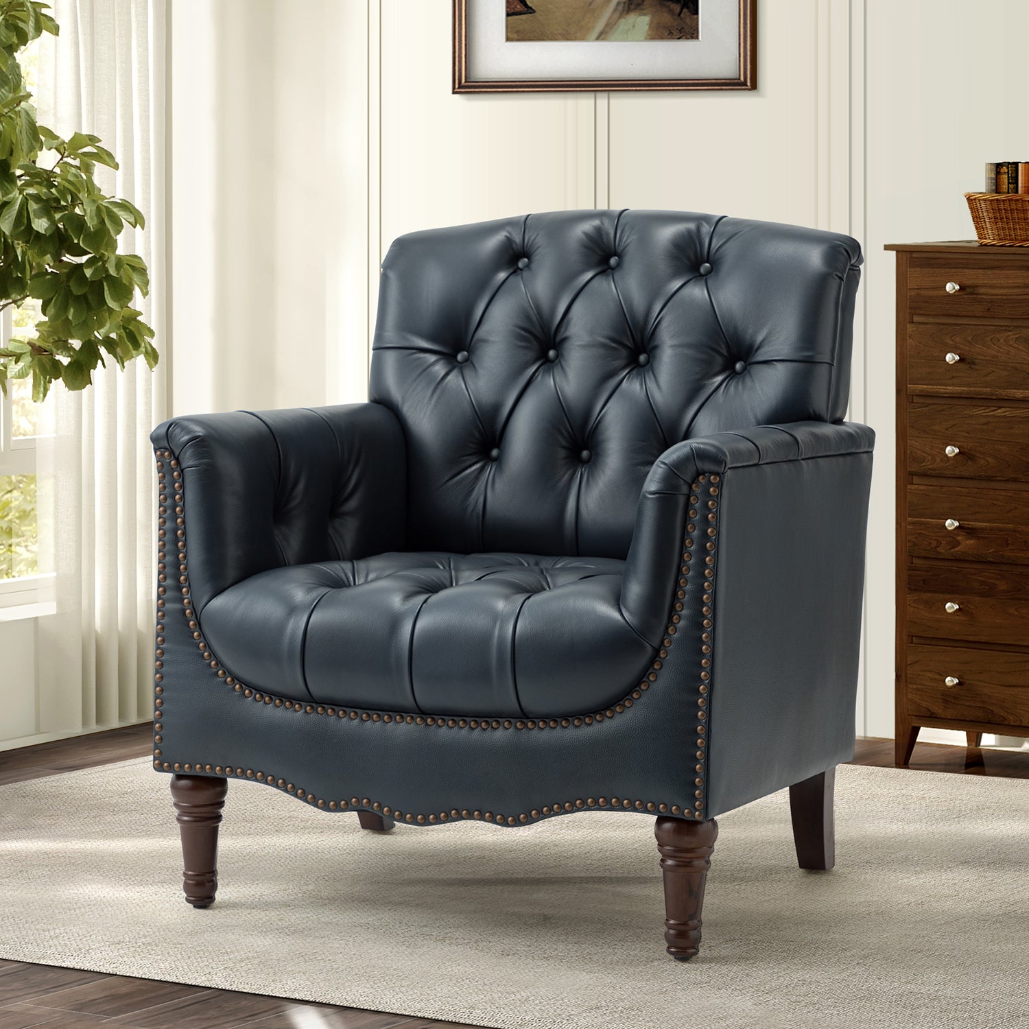 Elijah Genuine  Leather Armchair in Navy