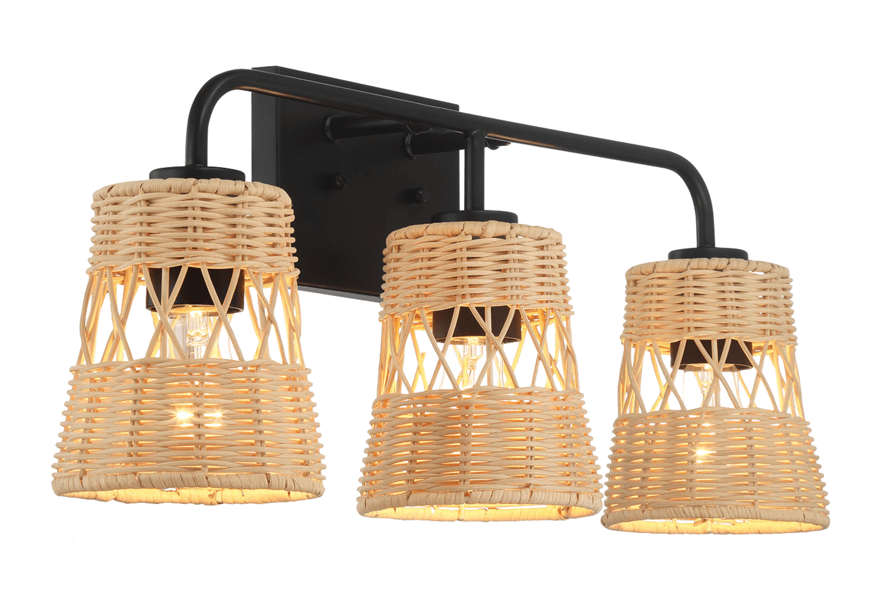 Moonlit Three Lights Wall Sconce With Rattan Shade, Bathroom Lighting Fixtures Over Mirror