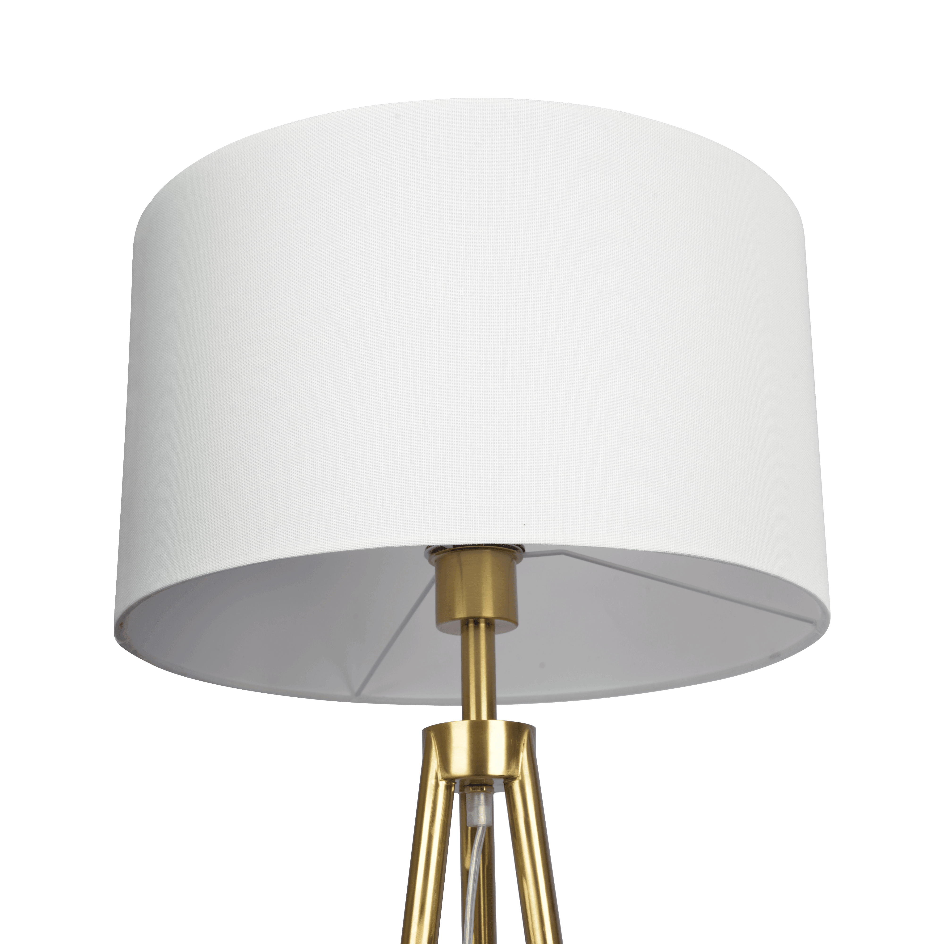 Sway Brassed Gold Floor Lamp with On/Off Switch Triple Legs White Fabric Shade